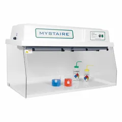 Fully assembled ductless fume adsorber with clear construction. Includes blower; base/stand and work surface not included. Overall dimensions: 48 in width, 29 1/2 in height, 22 1/2 in depth. Suitable for localized fume extraction in laboratory and light industrial settings where ducted exhaust is not available.