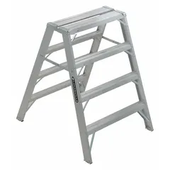 This aluminum step stool features four steps and dual-side access, allowing users to climb from either side. It folds flat for storage and transport. With a 300 lb load capacity and 4.1 ft overall height, it provides a stable elevated platform for tasks such as maintenance, warehousing, and facility work.