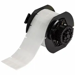 Precut wraparound label for wire, cable, and small cylindrical surface identification. Self-extinguishing vinyl material provides flame resistance. Clear matte finish. Compatible with Brady i3300 printer series; requires B30-R4300 ribbon.
