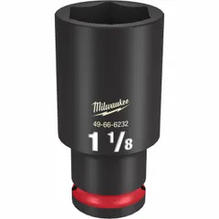 SAE deep impact socket with 1/2" drive and 1-1/8" hex size. Six-point design reduces fastener rounding. Black phosphate finish resists corrosion. Friction ring retention system secures the socket on the anvil. Suitable for use with impact wrenches in automotive and industrial fastening applications.