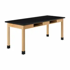 Fixed-height lab table with ChemGuard laminate countertop, wood construction, and Oak finish. Overall height 30 in, length 6 ft. Suitable for laboratory environments requiring a chemical-resistant work surface.