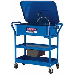 This mobile parts washer from WESTWARD features a 20-gallon steel tank and uses a flush cleaning method with water-based solutions. It operates on 120V and is UL Listed. Suitable for industrial cleaning of metal parts and components in maintenance and repair settings.