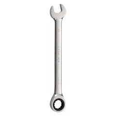This SAE 12-point ratcheting combination wrench is constructed from alloy steel with a chrome finish. It features a 1-inch head size and a 13-inch overall length. The 12-point ratcheting mechanism allows for faster fastener engagement in confined spaces without repositioning the tool. Suitable for tightening or loosening fasteners in industrial maintenance, automotive repair, and mechanical assembly.