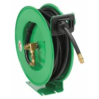 Spring Return Hose Reel: 50 ft (1/2 in I.D.), 1/2 in MNPT, 300 psi Max Op Pressure, Brass, Green