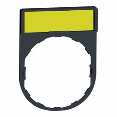 Rectangular plastic legend plate for 22 mm panel mounting. Overall height 1 5/8 in, width 1 3/16 in. Black/Yellow and White/Yellow color scheme. Tab attachment type. Used to label push-button stations in industrial control panels.