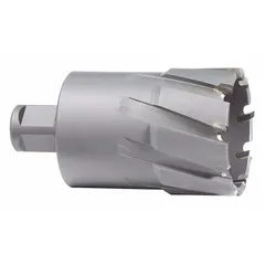 Bright finish carbide-tipped annular cutter with 2-1/8 in diameter and 2 in maximum cutting depth. Features a Weldon Flat shank for secure mounting. Suitable for cutting precise holes in tough materials like structural steel and stainless steel in metal fabrication and construction applications.