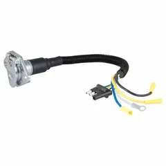 This metal adapter converts a 4-way flat trailer connector to a 6-way round connector, enabling compatibility between different trailer wiring systems. With an overall length of 15 1/2 inches, it is suited for towing applications where a 6-way round plug is required.
