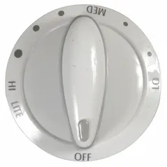 Replacement control knob for Whirlpool ovens. Used to select oven functions or set temperature. Constructed of plastic with a white finish.