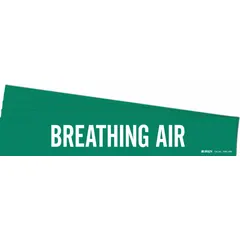 Green adhesive pipe marker with white legend text reading 'Breathing Air'. Designed for pipes with an outer diameter of 8 inches and larger. Each pack contains 5 markers without arrows. Used to identify breathing air lines in industrial piping systems.