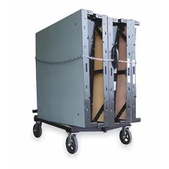 Steel storage cart designed for organizing and transporting stage equipment. Overall width 35 in. Suitable for moving lighting, rigging, or audio gear in performance venues.
