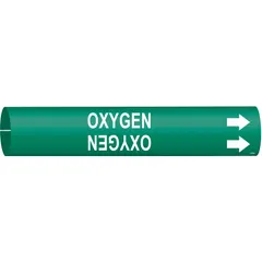 Green snap-on pipe marker with white legend reading 'Oxygen' and directional arrows. Fits pipe outer diameters from 1-1/2 to 2-3/8 inches. Supplied as a single marker for identifying oxygen lines in industrial piping systems.
