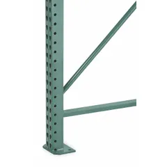 This upright frame is a vertical support for teardrop pallet rack systems. Constructed from steel with a green finish, it measures 12 ft overall height and 42 in x 3 in. Designed for impact resistance, it is suitable for use in seismic applications within industrial storage environments.