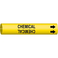 Yellow pipe marker with black legend text for identifying chemical lines. Fits pipe outer diameters of 4 to 6 inches. Includes directional arrows. Supplied as a single marker.