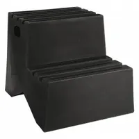 Black plastic box step stool with two steps, 1.6 ft overall and standing height, and 500 lb load capacity. Suitable for providing stable elevated access in industrial, warehouse, and commercial environments for tasks such as maintenance, stocking, and repairs