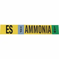 Ammonia adhesive pipe marker for identifying vapor (VAP) lines in low-pressure ammonia systems. Fits pipe outer diameter 2-1/2 to 7-7/8 inches. Printed in English with IIAR system abbreviation ES. Supplied as a single marker without arrows.
