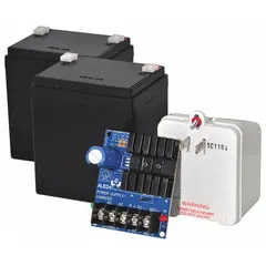 This power supply kit provides a regulated 24 VDC output at 1.2 A from a 115 V AC input. It includes a 4 A battery for backup power. The enclosure is constructed of phenolic/fiberglass. Typical applications include powering access control systems, security devices, and industrial control panels that require low-voltage DC power.