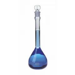 This 10 mL glass volumetric flask features a conical shape and colorless body. It meets USP Type I specifications with a tolerance of +/-0.04 mL and is compatible with stopper size 9. The flask includes a closure and is used for precise liquid measurement and dilution in analytical chemistry and laboratory applications.