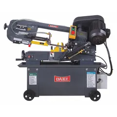 This mitering semi-automatic horizontal band saw has a 7 in x 12 in capacity and a blade speed range of 85 to 235 FPM. It features 45° right mitering capability for angled cuts. The saw operates on 110V/120V AC, single phase, drawing 13.8 A. Suitable for cutting metal stock such as bars, pipes, and structural shapes in fabrication and maintenance applications.