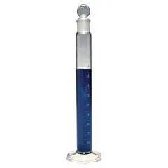 Class B graduated cylinder with 10 mL capacity, to contain (TC), and 0.2 mL graduation increments. Includes pennyhead glass stopper. Meets ASTM E1272 and USP Type II specifications. Used for precise liquid measurement in laboratory settings.