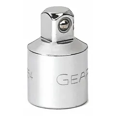 This square socket adapter converts a 1/2" drive tool to accept 3/8" drive sockets. It has a chrome finish and an overall length of 1 inch. Commonly used in automotive, industrial, and assembly applications where different drive sizes are required.