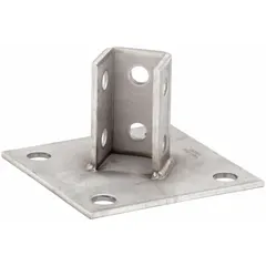 This post base is designed for single strut channels, providing a secure mounting point for vertical support structures. It features a polished finish and a 3/4 in hole diameter. Typical applications include industrial framing, pipe supports, and equipment mounting where a clean appearance is desired.
