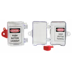 Clamp-on lockout device for push buttons up to 1.75 in maximum diameter. Clear type allows visibility of button position. Used in lockout/tagout procedures to isolate controls during maintenance.
