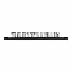 This 12-piece metric impact socket set includes 12-point sockets ranging from 8 mm to 19 mm with a 3/8 in drive size. The friction retention mechanism secures sockets on impact wrenches for fastening and loosening metric fasteners in automotive, industrial, and assembly applications.