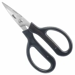 These 6-inch plastic-handle scissors feature stainless steel blades that are partially serrated and pointed. Designed for ambidextrous use, they are suited for cutting fabrics, upholstery, and light materials in automotive, textile, and craft applications.