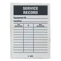 Adhesive aluminum label for documenting service history on industrial equipment. Measures 3 inches wide by 4 1/4 inches high, black/silver, English text. Pack of 25 labels provides a durable record surface for maintenance tracking