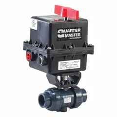 PVC electrically-actuated two-way ball valve with 3/4-inch socket x socket connections and three-piece body design. Operates on 120V AC and includes a position indicator on the actuator. Used for automated on/off flow control in industrial piping systems handling corrosive fluids.