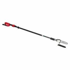 This MILWAUKEE pole saw is a bare tool that operates on 18 V DC and requires a separate battery and charger. It features a telescoping pole with an adjustable reach from 9 to 13 feet and a 10-inch blade length. Designed for trimming tree branches and cutting overhead vegetation in landscaping and property maintenance.