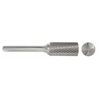 Single-cut carbide bur with end-cut cylinder shape for material removal, deburring, and shaping. Features a 3/8" x 3/4" head and 1/4" shank. Suitable for metalworking, die-making, and fabrication applications on flat surfaces and inside corners