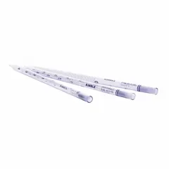 This sterile serological pipette is made of borosilicate glass and has a 10 mL capacity with 0.2 mL graduation increments. It is individually wrapped and designed as a short-type pipette for precise liquid measurement and transfer in laboratory applications such as cell culture and microbiology.