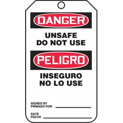 White single-part tag with bilingual English/Spanish legend reading Danger/Unsafe Do Not Use / Danger/No Sacar Esta Etiqueta. Printed on one side only. Sold in a pack of 5. Fastener not included. Suitable for marking equipment as unsafe during maintenance or lockout/tagout procedures.