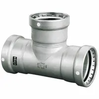 Stainless steel press tee fitting for creating branch connections in piping systems. Features FKM seal for chemical resistance. Designed for use with Viega MEGAPRESS crimp system. Suitable for potable water, HVAC, and industrial process lines