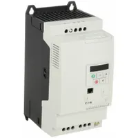 Compact variable frequency drive for controlling speed and torque of three-phase AC motors. Suitable for conveyors, pumps, fans, and OEM machinery. White enclosure, three-phase input and output, 15 hp, 24 A maximum output current