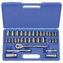 This 33-piece socket set includes 12-point sockets and drive tools with a 3/8 in drive. It covers SAE sizes from 1/4 in to 7/8 in and corresponding metric sizes. Suitable for tightening and loosening fasteners in automotive repair, machinery maintenance, and general assembly tasks.
