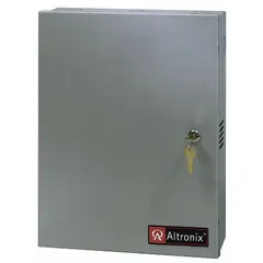 Steel-enclosed power supply board accepting 115/230V AC input and delivering field-selectable 12VDC or 24VDC at 6A. Used to power controllers, locks, and sensors in security and access control systems.