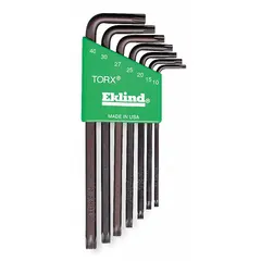 7-piece L-shaped Torx key set with tip sizes T10, T15, T20, T25, T27, T30, and T40. Standard ends. Black oxide finish. Includes organizer. Used for driving Torx fasteners in assembly, maintenance, and repair tasks.