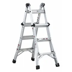 Aluminum combination ladder with four configurations: step ladder, extension ladder, stairway ladder, and scaffold. Rated for 300 lb load capacity and weighing 24 lb. Suitable for maintenance, electrical work, painting, and construction tasks in confined or varied spaces.