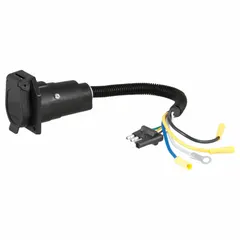 This adapter converts a 7-way blade connector to a 4-way flat configuration, enabling connection between vehicles and trailers with different wiring systems. Made of plastic, it measures 15 1/2 inches overall length. Suitable for towing applications requiring a simple wiring interface.