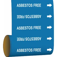 Adhesive pipe marker on a roll with blue background and white legend reading 'Asbestos Free'. Includes directional arrows. Fits pipe outer diameters of 2 inches and smaller. 30 markers per roll. Used for identifying pipe contents and flow direction in industrial facilities.