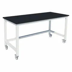 Fixed-height lab table with a chemical-resistant epoxy countertop. Overall dimensions: 5 ft length, 30 in width, 36 in height. Equipped with locking swivel casters for mobility and stability. Supports up to 960 lb load capacity. Suitable for laboratory workstations, industrial assembly areas, and heavy equipment placement.