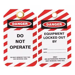 This plastic lockout tag features a 'Danger Do Not Operate' message and a write-on surface for recording date and name. It is used in lockout/tagout procedures to clearly indicate equipment under maintenance and prevent accidental operation.