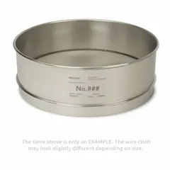 This test sieve features a stainless steel frame and stainless steel screen cloth. It meets ASTM E11 standards and has a US Standard Screen Size of 1.06 inches. The sieve is used for particle size analysis and material classification in laboratory and industrial settings.