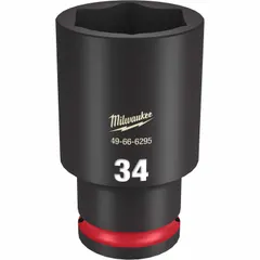 Metric deep impact socket with 1/2" drive and 34 mm 6-point opening. Black phosphate finish resists corrosion. Friction ring retains socket on impact tool anvil. Used for fastening and loosening bolts and nuts in automotive, construction, and industrial maintenance.