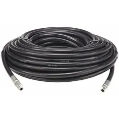 This 200 ft sewer hose has a 3/8 in inner diameter and is constructed with a black synthetic rubber cover. It is a coupled assembly with 3/8 in MNPT x MNPT fittings. Suitable for transferring wastewater and sewage in drain cleaning and sewer jetting operations.