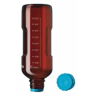 1 L amber glass media bottle with wide mouth and GL45 screw-on closure included. Height 253 mm. Meets ASTM/USP standards. Used for storing, mixing, and dispensing laboratory media, buffers, and reagents; amber body protects light-sensitive contents