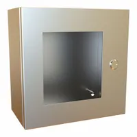 This stainless steel enclosure measures 12 in x 12 in x 6 in and is rated NEMA 12/13/3R/4/4X for indoor or outdoor use where protection from dust, water, and corrosion is required. It features a hinged cover with a 1/4-turn latch and does not include knockouts. Typical applications include housing electrical controls, terminals, and instruments in industrial plants, food processing facilities, and washdown areas