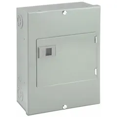 Main lug load center rated 100 A, 120/240V AC, 1-phase, with a 10kA short circuit current rating. Provides 6 spaces and supports up to 6 tandem breakers. Includes a surface cover for indoor use. Suitable for power distribution in residential or light commercial applications.